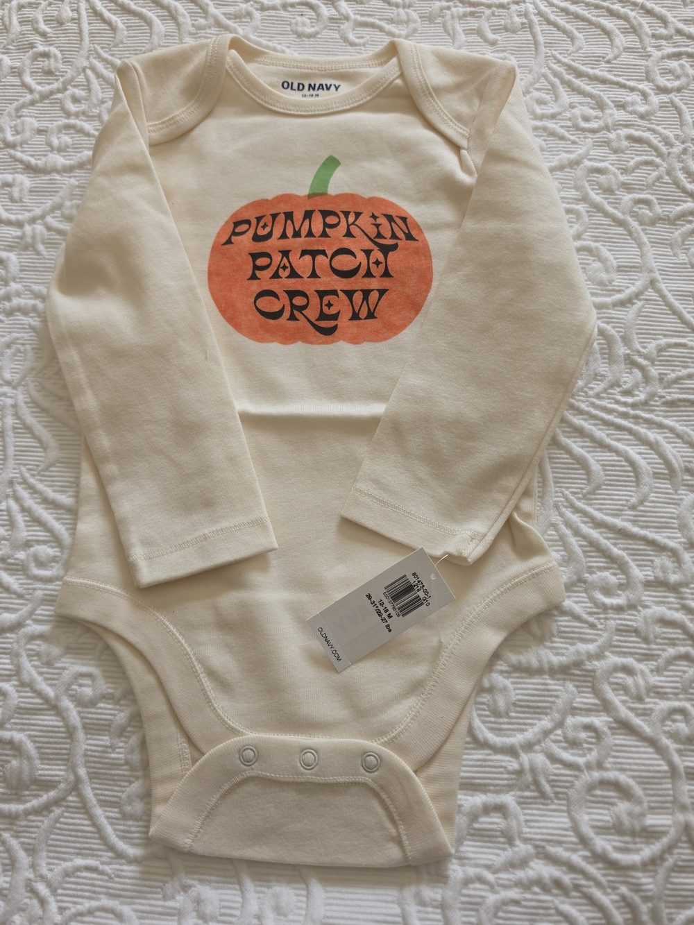 Old Navy Cream Long-Sleeve Pumpkin Patch Crew Bodysuit 12-18 Months